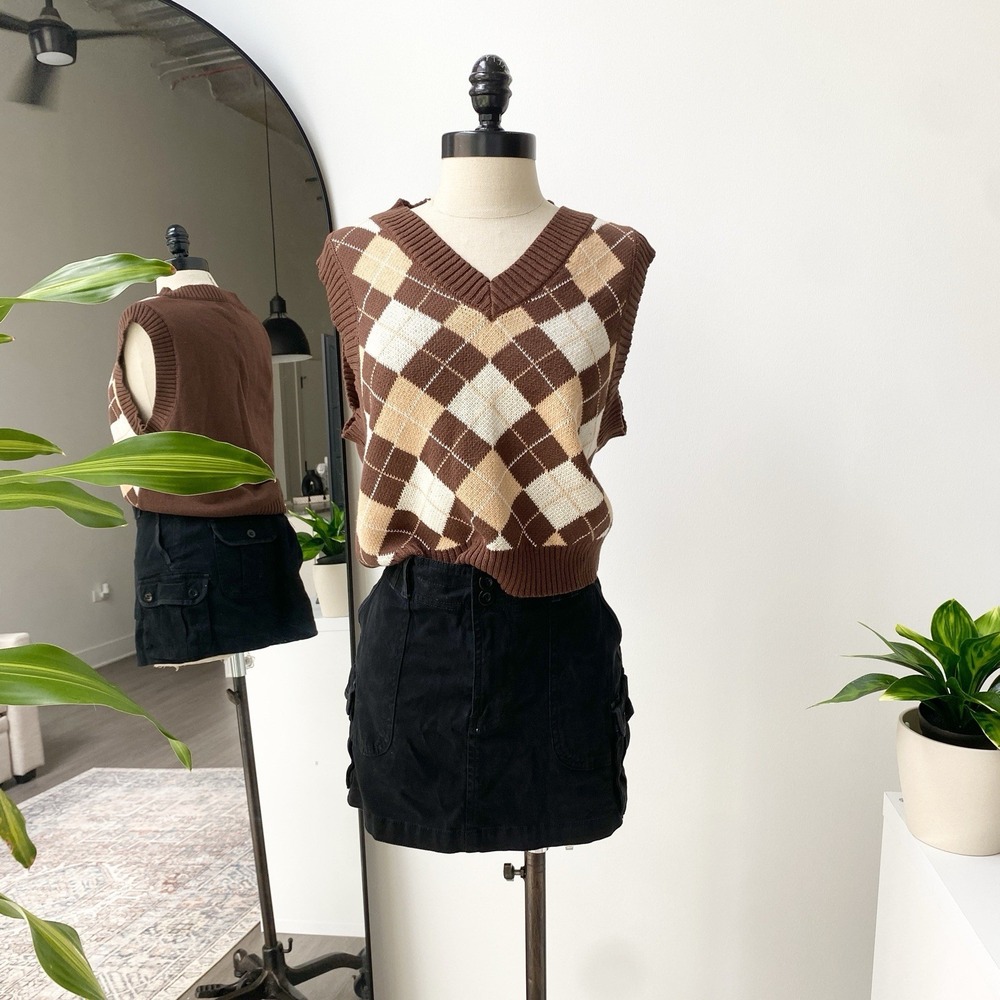 Say What Plaid Checkered Brown Beige Cream Argyle Sweater Vest Size XL Academia